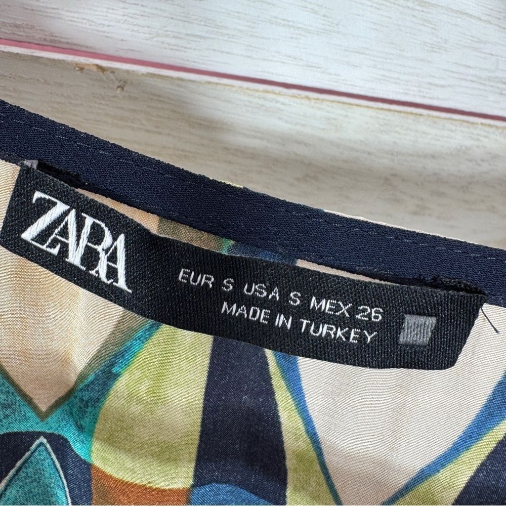 Zara Geometric Print Sateen Maxi Dress Green Blue Tan‎ Long Sleeve Small - Picture 10 of 13